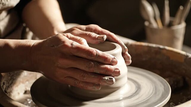 Hands shaping clay pot on spinning pottery wheel