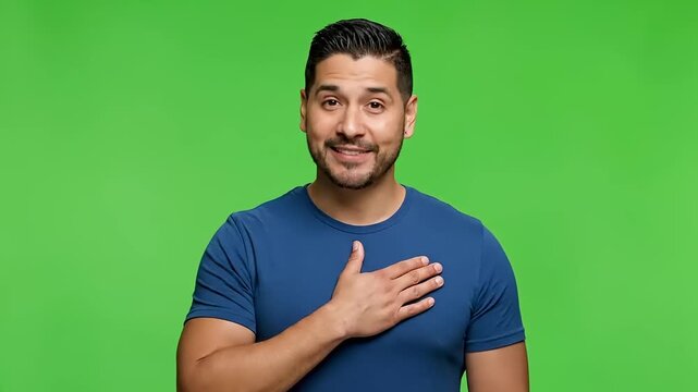 A heartwarming portrait of a man with his hand over his heart, conveying sincerity and gratitude on a vibrant green background