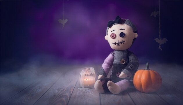 Creepy Halloween rag doll or voodoo doll sitting next to a burning candle and a pumpkin under dark purple mist