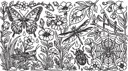 Fototapeta premium Intricate garden insects coloring page vector, detailed botanical line art with butterfly and dragonfly, floral meadow bugs and spider web illustration