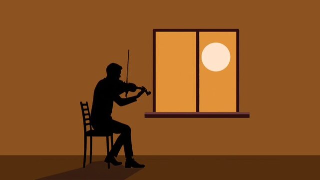 silhouette of a man playing violin by the window at sunset animation