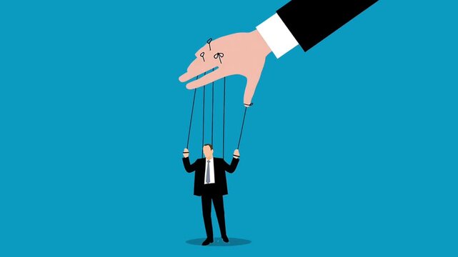 conceptual animation of a businessman being controlled like a puppet