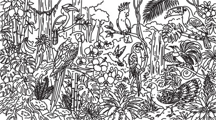 Fototapeta premium Tropical jungle coloring page vector, exotic rainforest birds and botanical plants line art, detailed nature landscape illustration for adults