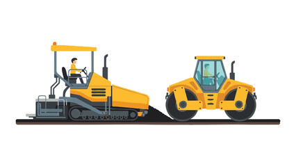 Fototapeta premium Flat Vector Illustration of Road Paving Heavy Machinery: Asphalt Paver and Road Roller Working on New Highway Construction Site