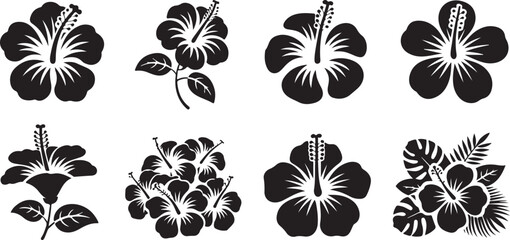 Hibiscus flower silhouettes with tropical leaves and floral arrangements for exotic summer theme and botanical nature decoration. © Kamrun82
