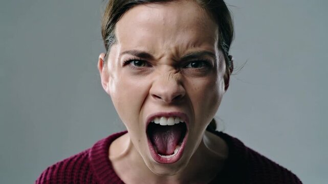 Woman in maroon sweater screaming against gray background, close up shot