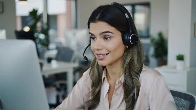 Young woman wearing headset talking at computer in office with copy space medium shot