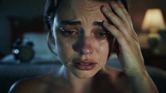 Young woman crying with hand on forehead in bedroom at night close up