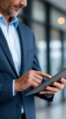 Fototapeta premium Business professional using tablet device in office corridor for secure access digital workflow and corporate productivity visuals