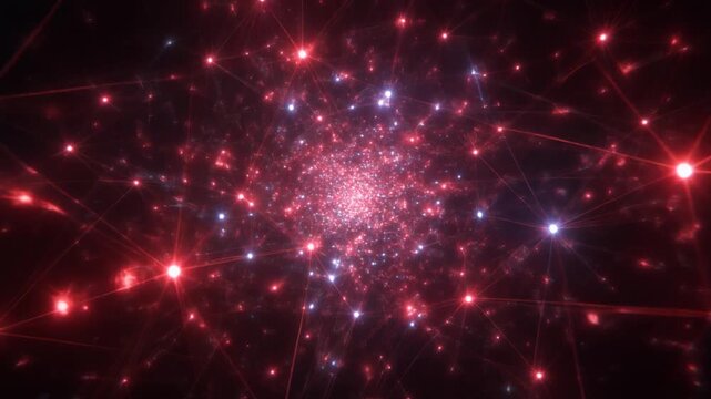 Abstract Glowing Red Neural Network Data Cluster Rotating in Dark Space with Connected Node Points