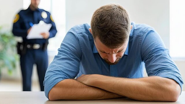A distraught man sits slumped at a table while a police officer writes in a report behind him.