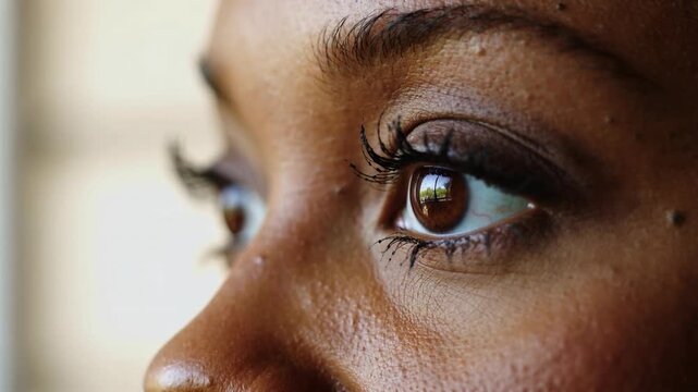 Brown eye of young Black woman looking forward in extreme close up with soft natural daylight