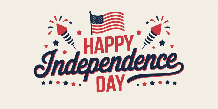 Happy independence day typography shirt print poster banner flyer sticker greeting card design with fireworks and usa flag.