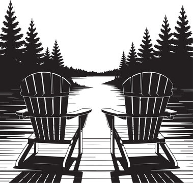 Two adirondack chairs facing calm lake forest view silhouette black graphic art for peaceful outdoor relaxing cabin decor concept.