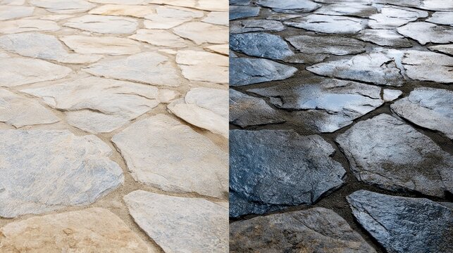 Split view flagstone path texture with light dry and dark wet stone sections for paving background and surface material design