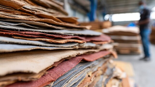 Stacked leather hides in a tannery warehouse for material background and industrial texture supply imagery