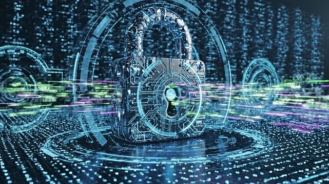 Digital padlock icon symbolizing robust cybersecurity and secure data protection system for businesses. Concept of preventing cyber attacks, protecting sensitive information, ensuring online privacy,.