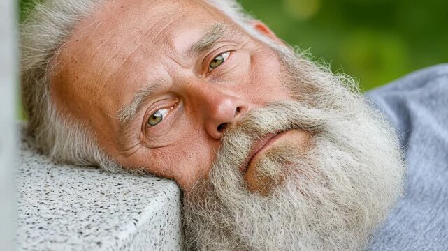 An elderly bearded man with grey hair resting his head on a stone surface outdoors in the nature.