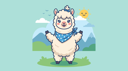 Fototapeta premium Cute Llama Character in Mountain Landscape Illustration.