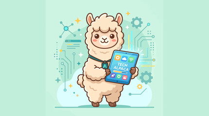 Fototapeta premium Cute Llama Character Holding a Digital Tablet in a Modern Tech Environment.