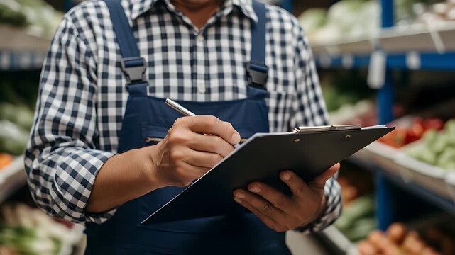 Professional worker wearing blue overalls and a checkered shirt carefully writing important notes on a black clipboard while standing inside a large and busy grocery store