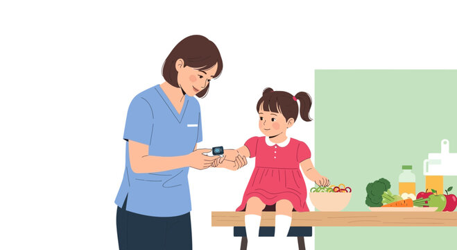 Nurse measuring child's oxygen saturation, healthy food on table