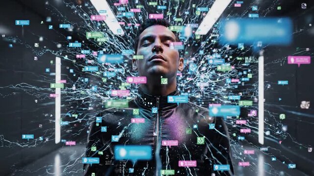 Man immersed in exploding digital data in futuristic corridor