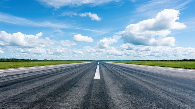 Expansive empty airport runway under blue sky and clouds for travel and aviation banner background or airport website wallpaper