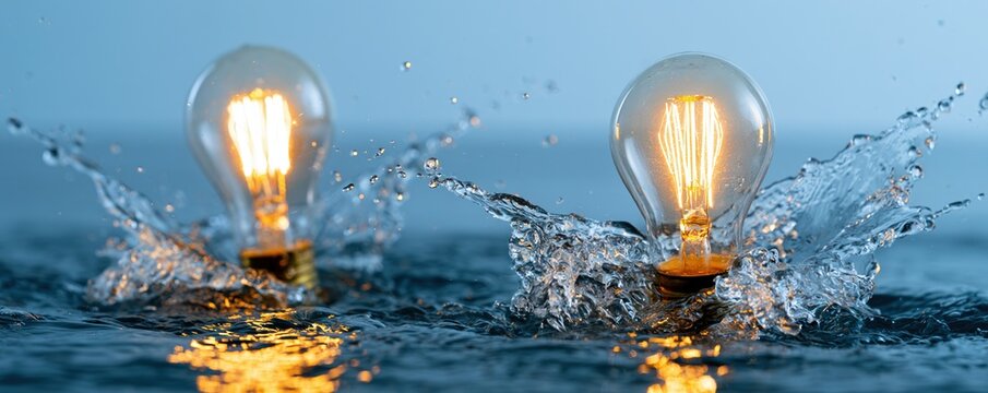 Two illuminated light bulbs splashing in water with reflections for creative energy background and advertising banner design