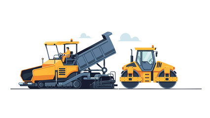 Obraz premium Flat Illustration of Heavy Road Construction Machinery Including Asphalt Paver and Steam Roller