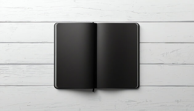 Blank A4 size black book template mock up with open double page placing on creamy white surface wood table
