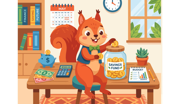 Cute Squirrel Character Sitting at Desk with Office Supplies and Laptop in Cozy Home Office Environment.