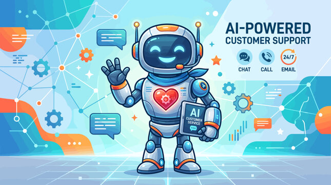 Friendly AI Robot Customer Support Character Illustration.