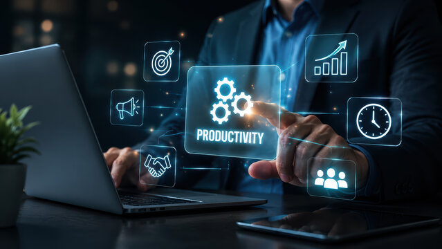 Enhance productivity with digital tools and strategies, showcasing gears and icons representing growth, time management, and collaboration in modern workspace