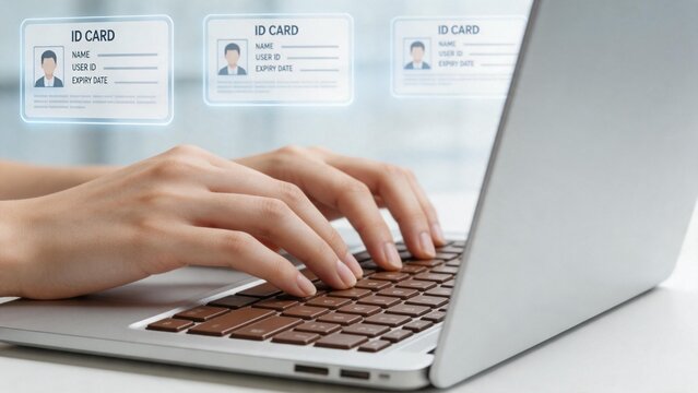 Hands typing on laptop with ID card overlays
