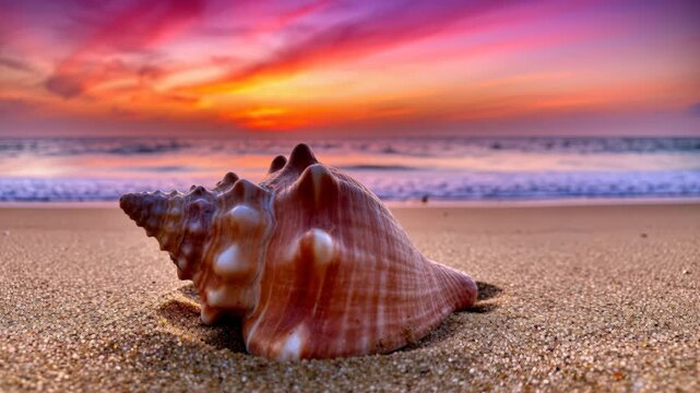 Seashell Sunset Serenity: A large, ornate seashell rests on a sandy beach, silhouetted against a breathtaking sunset with vibrant hues of orange, pink.