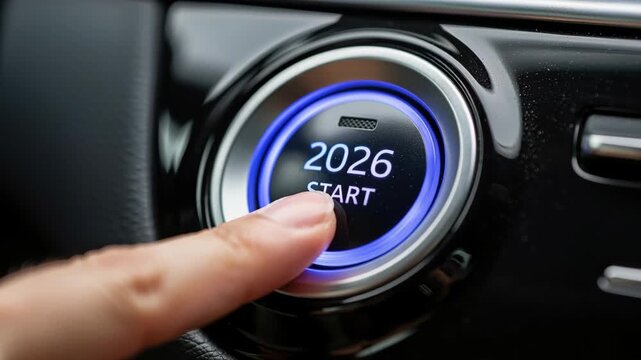 Year 2026: Finger pressing a start button with the year 2026 displayed. Beginning a new journey into the future.