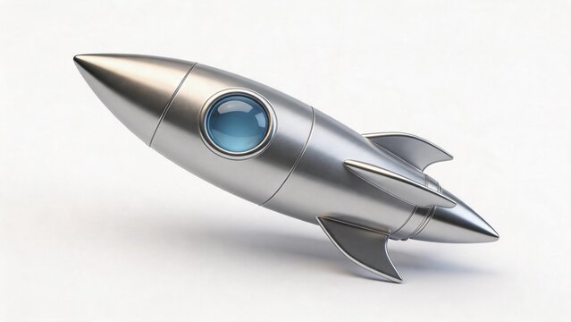 Silver rocket with blue window on white background