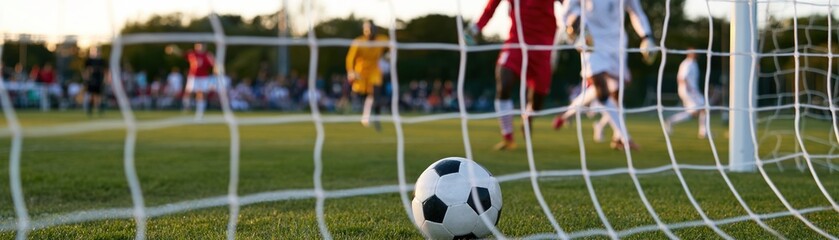 Fototapeta premium Soccer ball resting in goal net during outdoor match on grass field