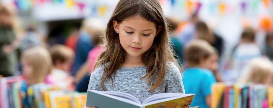 Young girl reading book at crowded book fair or library event