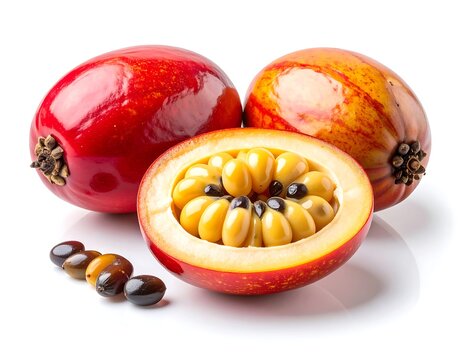 Fresh ackee fruit cut open revealing yellow flesh and white background, black seeds