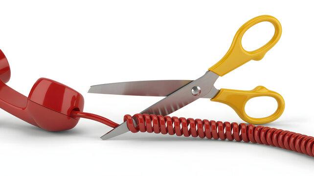 Scissors cutting phone cord 3D illustration. Yellow scissors cutting a red coiled telephone wire. Disconnection, communication breakdown, and cost cutting concept for telecommunications.