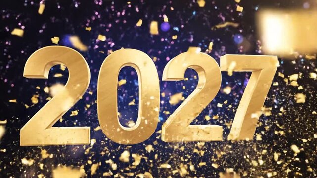 Golden 2027 numbers with sparkling glitter and festive fireworks