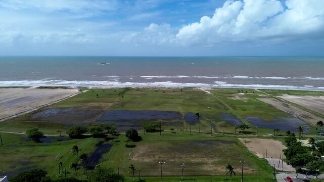 Aerial drone view of coastal landscape with wetlands and shoreline in Ilheus Bahia Brazil