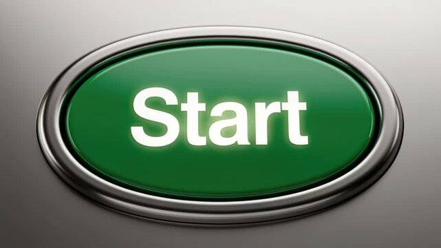 Start Button: A vibrant green Start button, illuminated with a soft glow and framed by a sleek metallic border, poised for action on a neutral background.