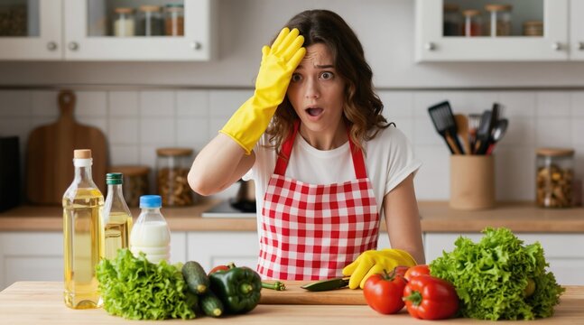 Woman in kitchen wearing yellow gloves touches forehead. She looks shocked at vegetables and oil bottles on counter. Red checkered apron shows oops moment. Surprised face reaction.