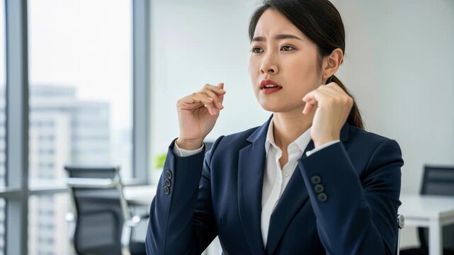 Concentration and Concern: A young businesswoman in a suit sits at her desk, her brow furrowed in deep thought or perhaps mild distress, as she works in a modern office environment.
