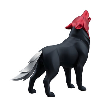 Stylized Wolf Howling with Red Head and Metallic Tail