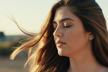 Fototapeta premium Young woman with closed eyes feels golden sun on her face. Her brown hair blows in wind outdoors. She looks peaceful and relaxed in natural light.