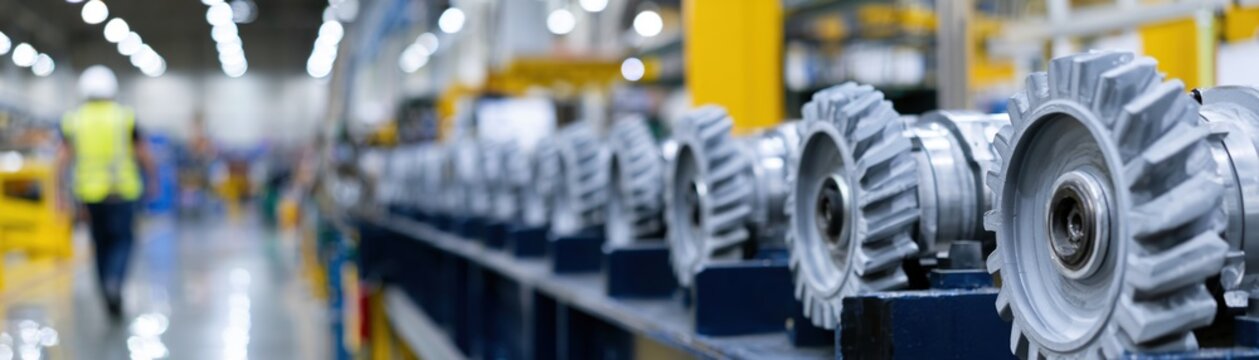 Manufacturing production line with metal gears and industrial machinery for factory background and engineering banner